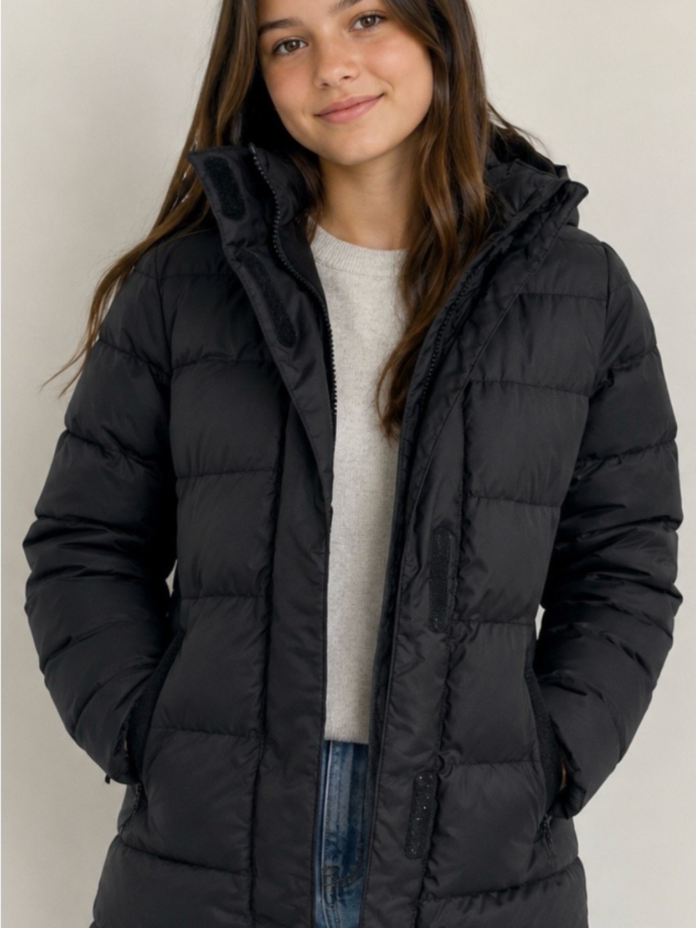 Athleta Girl Snow Day Down Filled Black Quilted Coat with hood and pockets